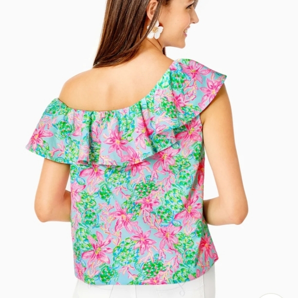 Lilly Pulitzer Zeldie One Shoulder Ruffle Top Surf Blue So Shellegant XL NWT - Picture 2 of 4